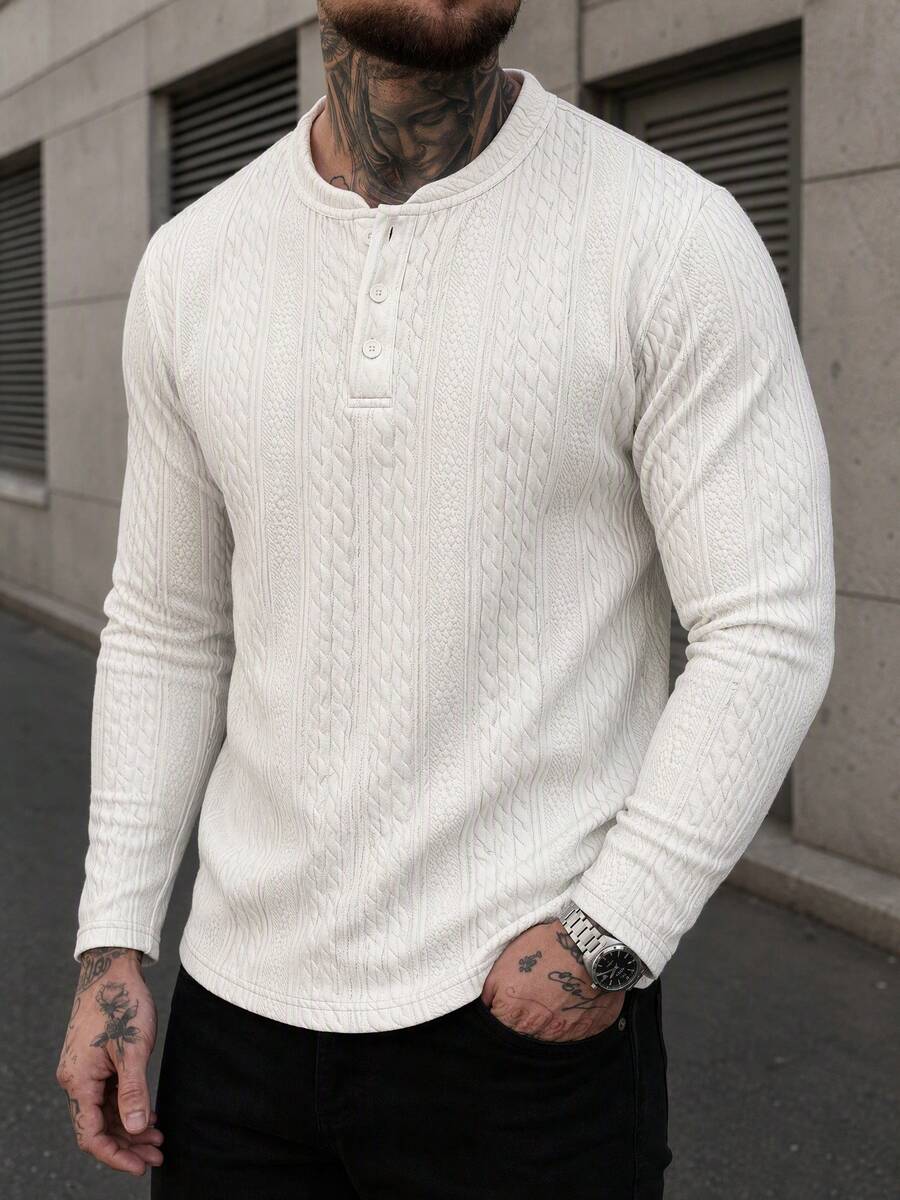 Men's Spring/Autumn Casual Solid Color Textured Jacquard Button Half-Open Henley Collar Long Sleeve Top - White - View 1