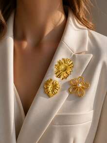 VceTd1/5PCS Fashionable Romantic Floral/Starfish Design Stainless Steel Brooch Suitable For Women's Daily Wear, Vacation, Evening Wear Or Holiday Gift - Golden - View 1