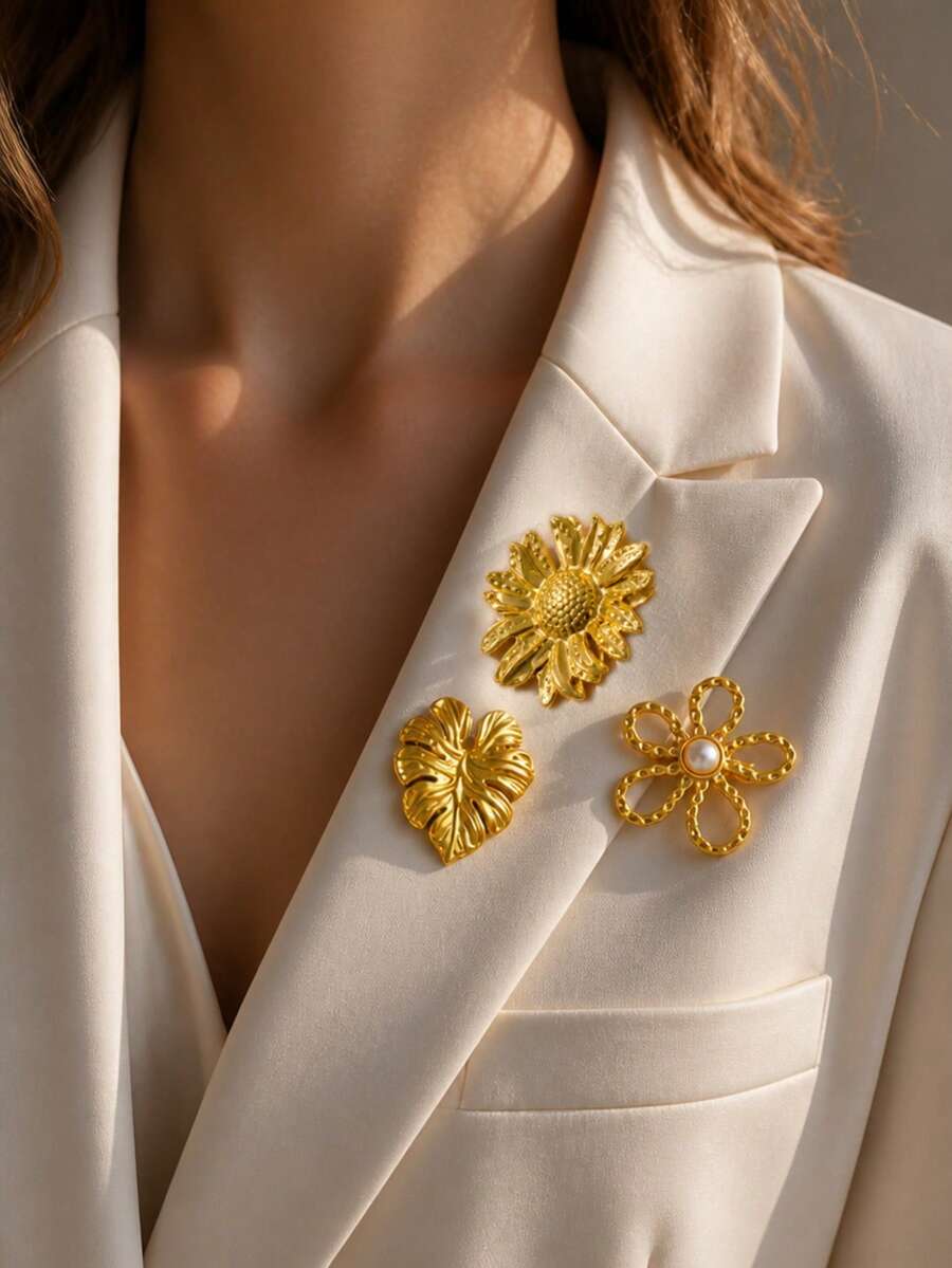 VceTd1/5PCS Fashionable Romantic Floral/Starfish Design Stainless Steel Brooch Suitable For Women's Daily Wear, Vacation, Evening Wear Or Holiday Gift - Golden - View 1