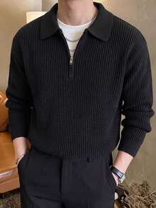 Men's Autumn/Winter Polo Collar Zip-Up Ribbed Polo Shirt, Slim Fit Long Sleeve Suitable For Office And Daily Wear - Black - View 4