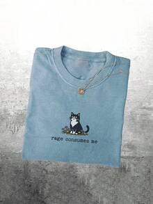 Kaos Wanita Model Terbaru Musim Panas "Rage Consumes Me" Lucu dengan Gambar Kucing Y2K, Kerah Bulat, Cocok untuk Pemakaian Sehari-hari, Hadiah Lucu untuknya (Santai) - Biru - View 1