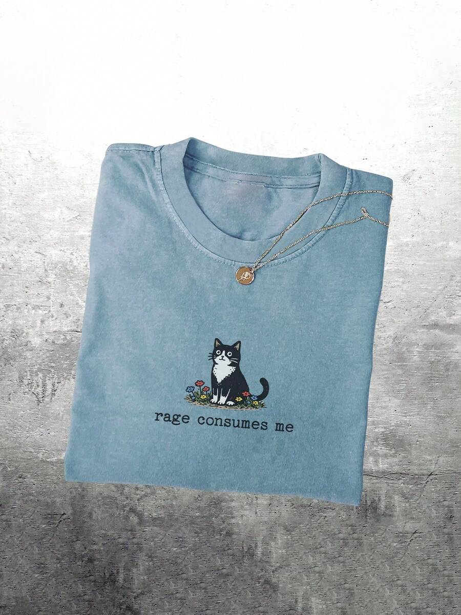 Kaos Wanita Model Terbaru Musim Panas "Rage Consumes Me" Lucu dengan Gambar Kucing Y2K, Kerah Bulat, Cocok untuk Pemakaian Sehari-hari, Hadiah Lucu untuknya (Santai) - Biru - View 1