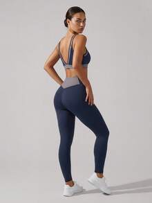 Sodalemon Women's Colorblock Gym Set, 2-Piece Set With Double Strap Sports Bra And Butt-Lifting Running Fitness Yoga Leggings - Navy Blue - View 7