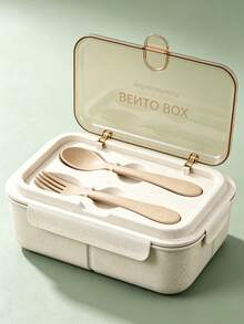 1pc Beige Bento Box, Compartment Food Storage Container, Lunch Box With Spoon And Fork, Microwave Food Storage Box, Insulated Lunch Bento Bag, Leak-Proof Snack Box - View 7