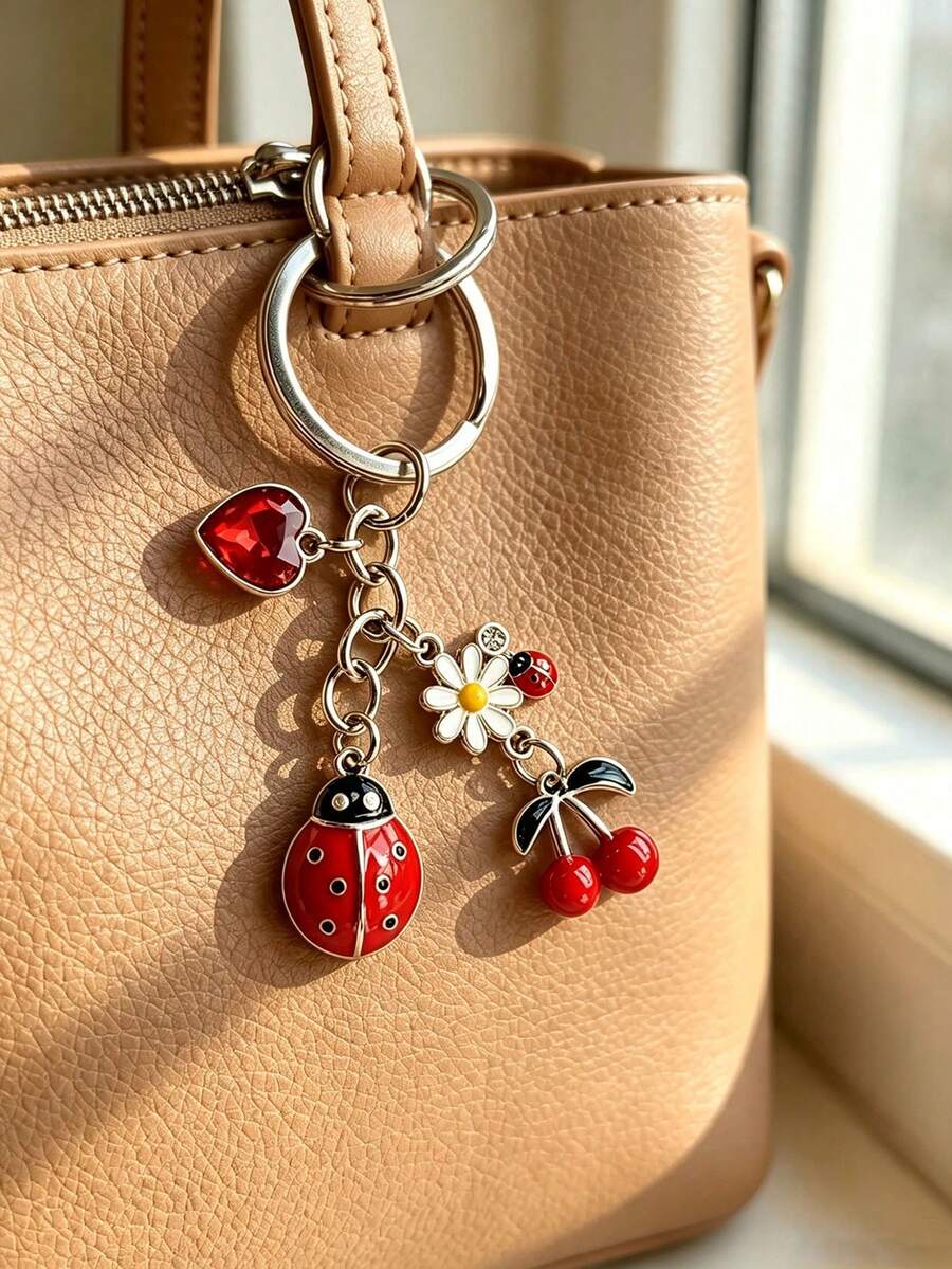 2pcsEnameled Ladybug Daisy Cherry Pendant,Girly Backpack Charm,Ladybug Keychain,Girly Heart Bag Charm,Versatile And Exquisite Car Keyring, Best Friend - Multicolor - View 1