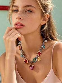 OABE 1pc Personalized Summer Fresh Elegant Strawberry/Heart/Butterfly Multi-Pendant Women's Charm Necklace Suitable For Vacation/Daily Wear - Multicolor - View 6