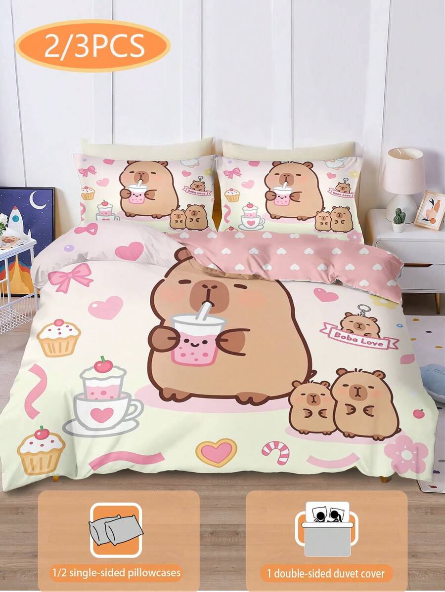2/3pcs Capybara Pattern Bedding Set, Single/Double/Queen/King Size Duvet Cover With Pillowcases, All Season, Suitable For Children, Teenagers, Boys And Girls Bedroom (Filling Not Included), 100% Polyester - Multicolor - View 1