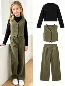 Left Mama Conjunto de 3 piezas para niñas preadolescentes: top de cuello alto de manga larga unicolor y pantalones rectos, para primavera/otoño - Verde militar - Ver 2