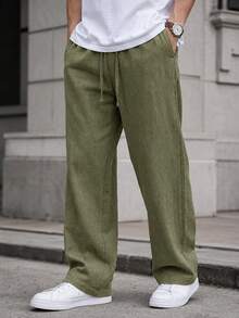 Men's Drawstring Casual Pants, Breathable Loose Drape Lazy Wide Leg Long Pants - Green - View 3