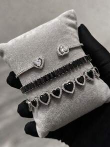 1/3pcs Women's Elegant Luxury Heart-Shaped Trapezoid Zirconia Layered Bracelet Set, Adjustable Heart Open Bangle, Full Row Trapezoid Diamond Tennis Bracelet, Halo Heart Diamond Chain, Jewelry For Women's Evening Party, Date, Birthday, Holiday - Bracelet Set C - View 2