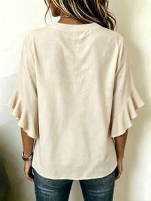 Women's Plus Size Ruffle Sleeve Blouse, Non-Stretch Fabric, Button Front Design, Regular Length Top - Apricot - View 2