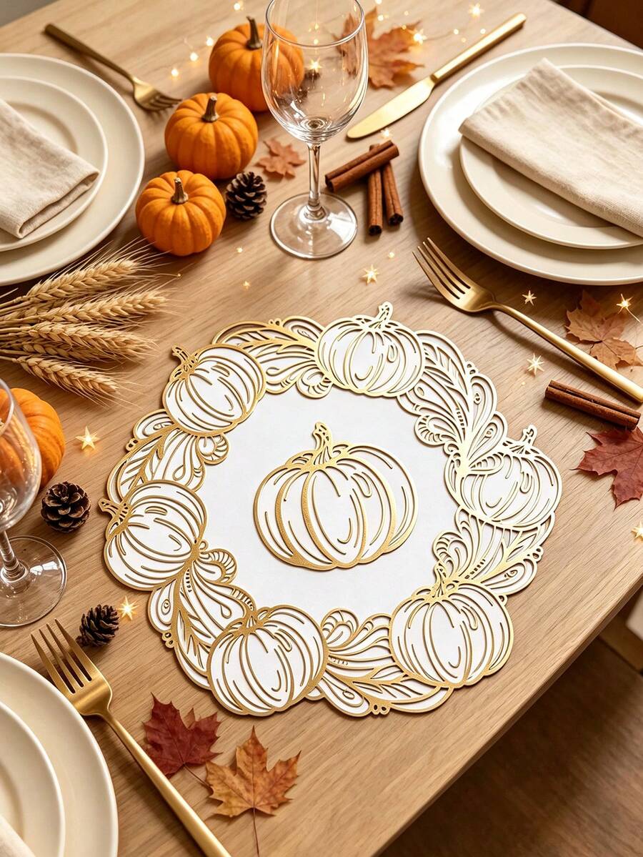 1/4/6pcs Pumpkin PVC Gold Foil Placemats, Suitable For Wedding Party Table Decor, Harvest Festival Placemats, Coffee Machine Mat, Non-Slip Heat-Resistant Mat, Suitable For Wedding Party, Holiday Celebration, Picnic Camping, Birthday Party Table Decor - Multicolor - View 1