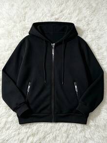 Women's Zip-Up Hooded Jacket, Minimalist White Logo Print Elastic Cuffs Drawstring Sweatshirt Casual Outerwear Black - Black - View 8