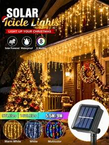 1 pieza Guirnalda de luces solares de pilar de hielo, 97/160 LED Luces de hadas para exteriores, 8 modos de iluminación, IP65 impermeable Luces de cortina, Balcón, Jardín, Aleros, Fiesta, Pared, Ventana, Porche, Patio, Pabellón, Decoración de fiesta de Navidad, Luz decorativa colgante-5.5M/7M - Luces LED solares tipo carámbano - Ver 3