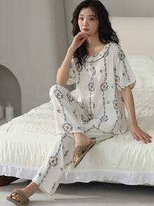 2pcs Women Pajama Set, Round Neck Cardigan Top With Floral & Cute Bear All-Over Print, Pants With Floral & Cute Bear All-Over Print, Comfortable & Fashionable English Style, Suitable For Spring, Autumn & Winter, Casual Homewear - Champagne - View 1