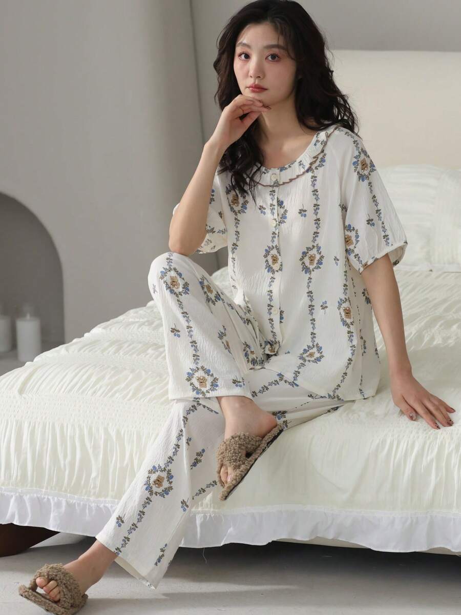 2pcs Women Pajama Set, Round Neck Cardigan Top With Floral & Cute Bear All-Over Print, Pants With Floral & Cute Bear All-Over Print, Comfortable & Fashionable English Style, Suitable For Spring, Autumn & Winter, Casual Homewear - Champagne - View 1