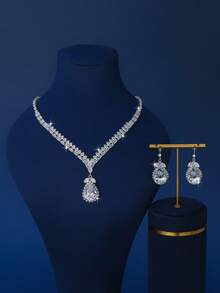 Water Drop Zirconia Necklace + Earrings Jewelry Set, Suitable For Wedding, Party, Gathering, Holiday, Vacation Versatile Accessory - Silver - View 3