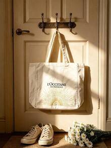 Off White 帆布托特包 L'Occitane 金色放射線圖案字母印花大容量旅行購物肩背包手提包禮品 LOCCITANE-GIFT-52 - 白色 - 查看 2