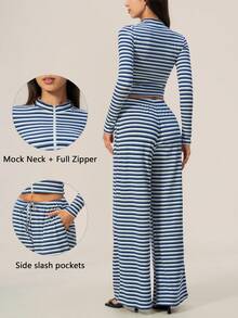 TimeOff Women's One Set Autumn/Winter Color-Block Striped Zip-Up Jacket With Side Pockets And Drawstring Waist Wide-Leg Pants - Royal Blue - View 4