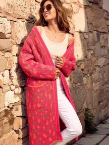 Plus Size Hot Pink Leopard Print Long Cardigan Sweater, Open Front Knit Coat With Pockets For Fall Winter - Multicolor - View 5