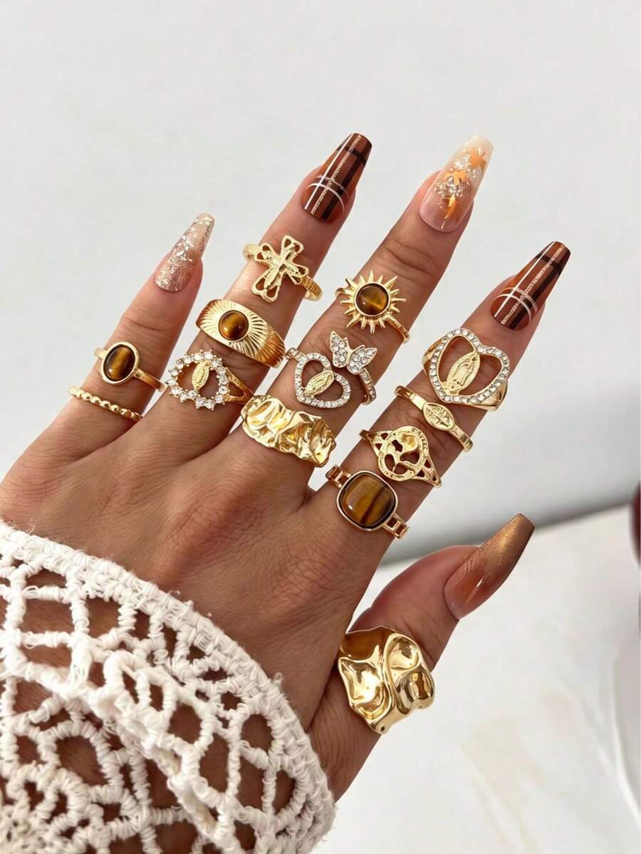 13pcs Vintage Luxury Maillard Sun Heart Virgin Mary Ring Set, Designer Ins Cross Hollow Finger Rings For Women, Suitable For Party, Vacation, Gift For Friends And Family, Daily Wear, Commute - Gold - View 1