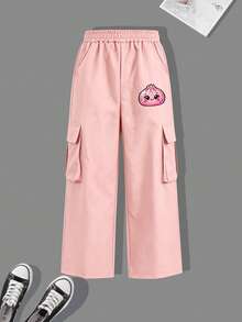 Sweet Cute Casual Cartoon Dumpling Print Crew Neck Sweatshirt + Versatile Cargo Pants, 2pcs Set For Daily Autumn/Winter Wear - Pink - View 6