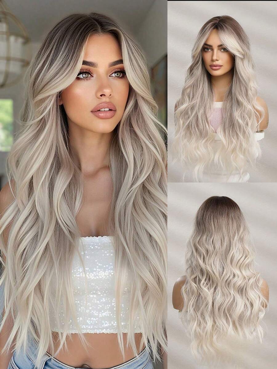 26 Inch Gradient Gray & Gold Butterfly Long Fluffy Wavy Synthetic Wig, Heat-Resistant Fiber Middle Part Women's Wig, Natural Voluminous Style, Suitable For Halloween, Thanksgiving, Christmas And Cosplay Occasions, Festival Accessories Extensions