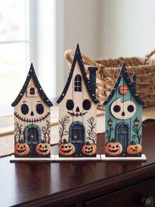 1/3pcs Halloween Haunted House Desktop Decor, Halloween Haunted House Wooden Block Sign, Suitable For Home Decor, Perfect For Halloween Decoration, Party Setup And Gifts, Party Decoration - Multicolor - View 4