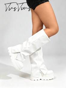 1 Pasang Sepatu Bot Pendek Bertumit Tinggi Lipat Populer, Nyaman, Warna Polos, Gaya Barat, Kasual, dengan Gesper, Cocok untuk Pesta Liburan, Musim Gugur, dan Musim Dingin - Putih - View 4