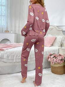 2pcs Women's Cartoon Star Print Long Sleeve Top And Pants Cute Casual Pajama Set - Rusty Rose - View 6