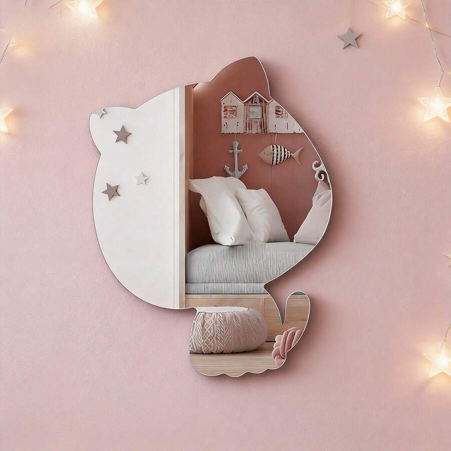 1pc Star-Shaped Cat Acrylic Wall Mirror, Self-Adhesive Cartoon Animal Mirror, Children's Room Nursery Wall Decor Mirror - Silver - View 1