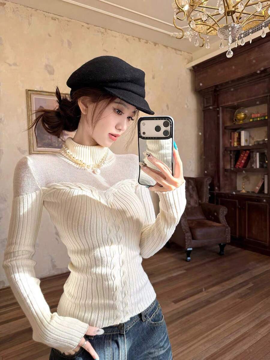 Sweater Rajut Leher Tinggi Gaya Korea Terbaru Musim Gugur/Dingin, Atasan Berongga, Lapisan Dasar Pakaian Dalam dan Luar, Rajutan Kabel - Putih - View 1