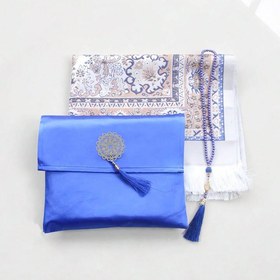 3-Piece Middle Eastern Style Floral Prayer Mat Set, Includes Storage Bag And Beaded Rope, Lightweight Comfortable Non-Slip Prayer Rug - Multicolor - View 1