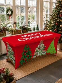 1pc Red Christmas Tree Print Fitted Tablecloth, Holiday Polyester Spandex Rectangular Full Coverage Elastic Tablecloth, Wrinkle-Resistant Protective Tablecloth, Suitable For Christmas Party Buffet Banquet Home Decor - Multicolor - View 5