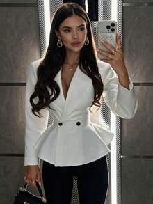 Women's Elegant Notch Lapel Ruffle Hem Blazer, Long Sleeve Slim Fit White Suit Jacket, French Style Versatile Outerwear For Office, Halloween Fall - White - View 5