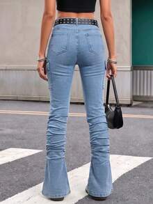 Jeans Skinny Bertumpuk Pinggang Sedang Warna Terang, Desain Detail Kerut, Banyak Saku, Gaya Busana Kasual Seksi - Light Wash - View 3