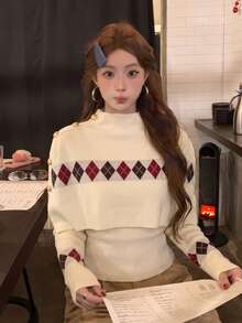 Autumn/Winter Korean Sweet Casual Style Argyle Knit Shawl Sweater Set For Women, High Neck Shawl + Base Layer Top 2-Piece Set, Autumn Style - Apricot - View 5