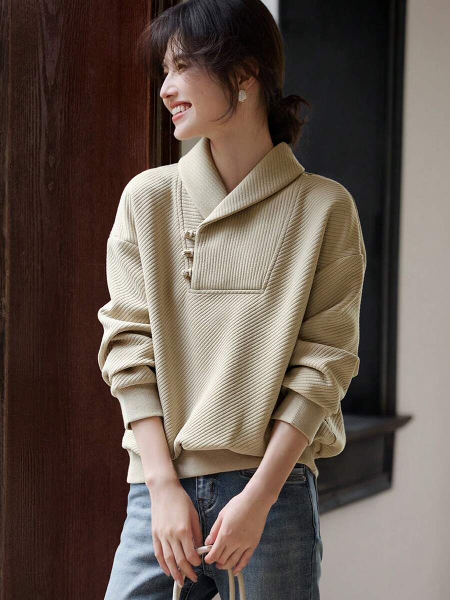 YUXIN 优雅中国风复古领口女式运动衫，新款春冬时尚纹理装饰休闲上衣