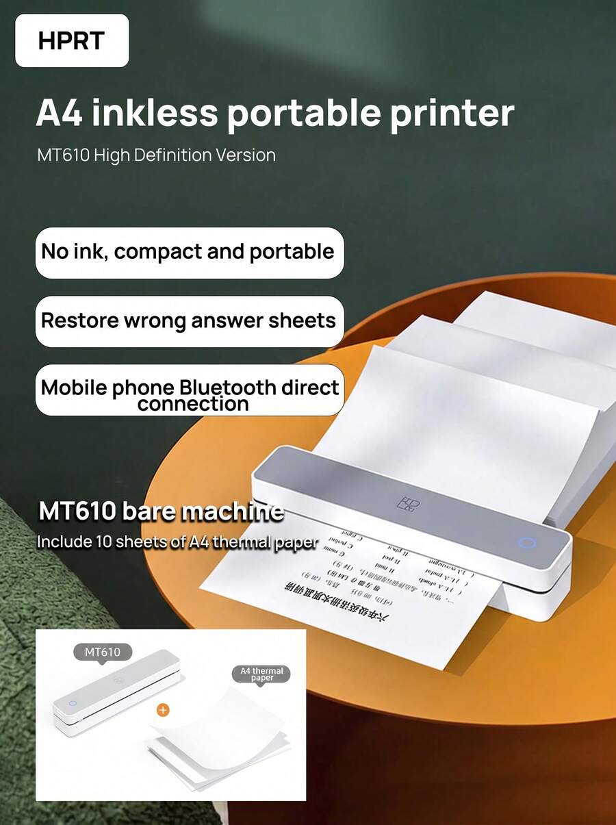 HPRT MT610 Wireless Printer, Portable Mini Bluetooth Thermal Printer, Compact A4 Paper Printer, Compatible With IOS/Android/Laptop, Inkless Black & White, Ideal For Students, Home Office, Homework, And Error Correction - Off-white - View 1