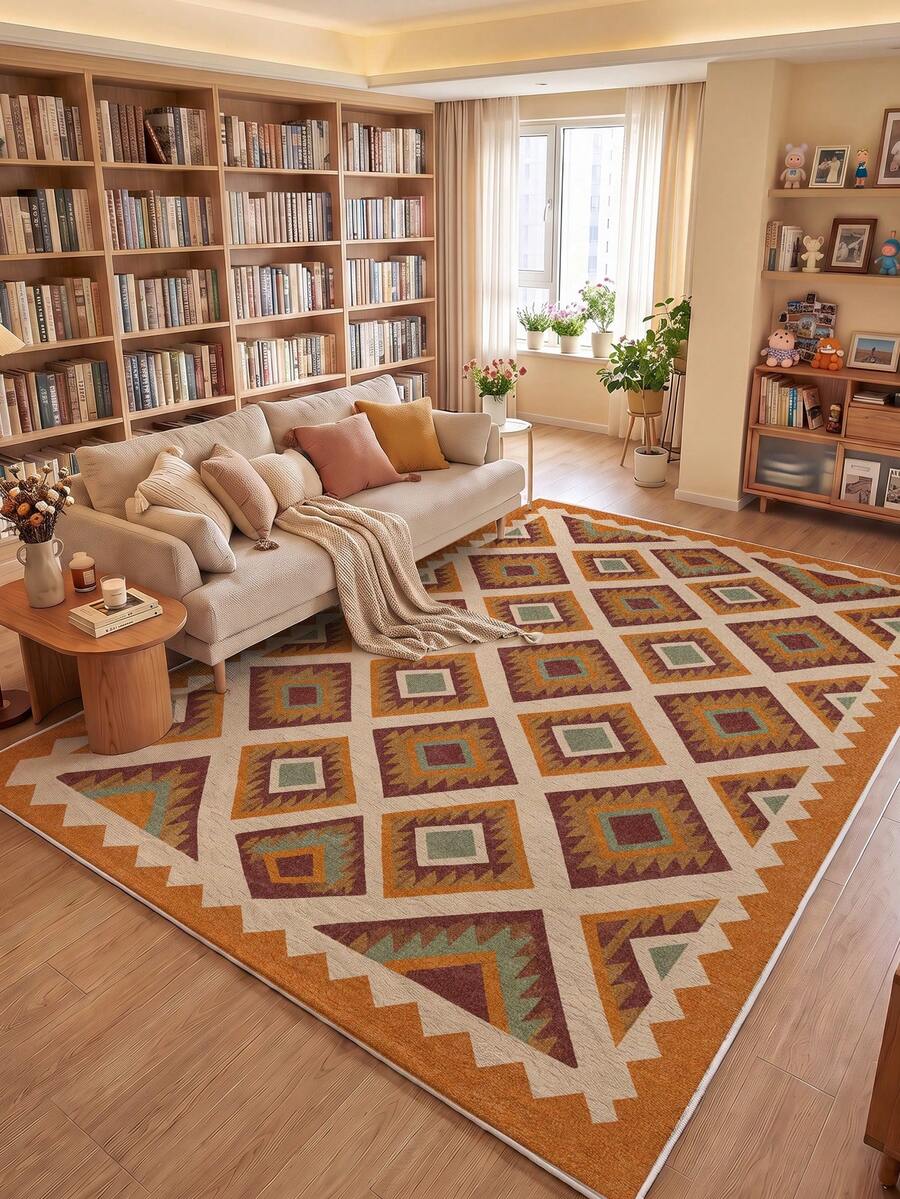 1pc Orange Geometric Rhombus Living Room Rug. Suitable For Kitchen, Dining Room, Bedroom, Holiday Decor, Indoor/Outdoor, Office, Lobby, Non-Slip Door Mat, Bathroom Rug, Hallway, Study Gaming Area Rug. - Orange - View 1