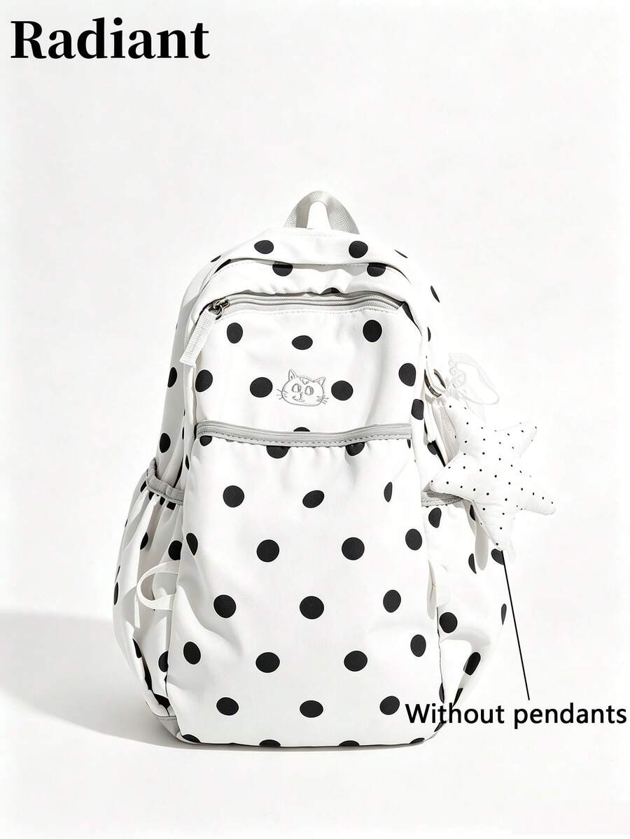 Ransel Kasual Kapasitas Besar Motif Polkadot Kain dengan Bordir Kucing dan Liontin Bintang untuk Wanita, Cocok untuk Pelajar, Perjalanan, dan Remaja Putri (Liontin Tidak Termasuk)