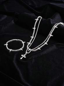 Hip-Hop Style Rhinestone Jewelry Gift Set, Layered Spiked Rhinestone Necklace & Cross Pendant Bracelet, Men's Birthday Gift - Double Layer Layered Necklace - View 6