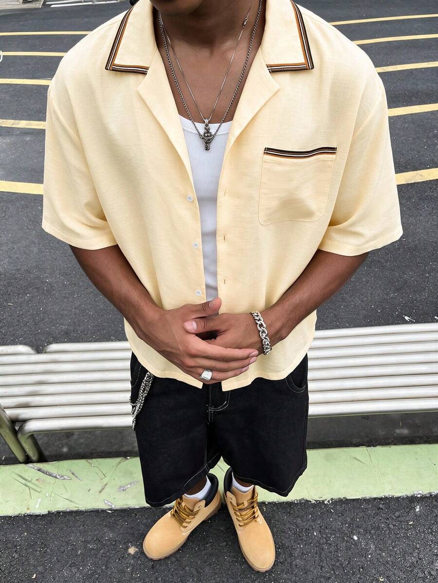 Men's Casual Lapel Collar Drop Shoulder Short Sleeve Front Button Summer Shirt - Apricot - View 1