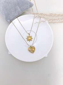 1pc Stainless Steel Waterproof Non-Fading Vintage Smiling Face Moon & Sun Pendant Necklace, Clavicle Chain Suitable For Women's Daily Wear - Gold - View 7