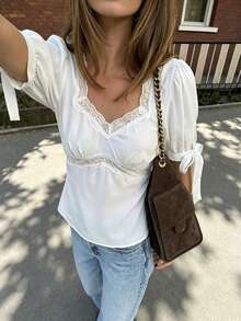 Women's White Top With Lace Trim And Tie-Back Detail, Semi-Sheer Woven Blouse For A Fashionable Look - White - View 1