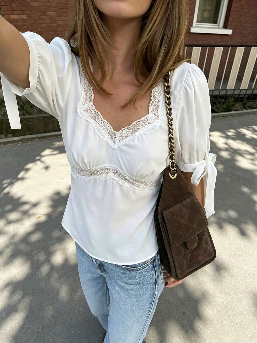 Women's White Top With Lace Trim And Tie-Back Detail, Semi-Sheer Woven Blouse For A Fashionable Look - White - View 1