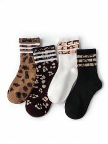 1/4 Pairs Classic Leopard/Spotted, Maillard Brown Color Palette, Cotton Blend Breathable & Moisture-Wicking, High Elasticity Non-Slip Cuff, Korean Ins Retro Style Mid-Calf Socks - Multicolor - View 2