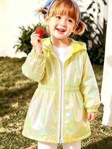 Girls' Lightweight Laser Purple Windbreaker Jacket, Multifunctional Fashion Cool Mid-Length Zip-Up Hooded Jacket, Breathable Wind-Resistant Outerwear, Suitable For Daughter - Gold - View 3