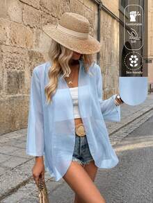 EARO Vacation Casual Solid Color Flare Sleeve Sheer Lightweight Jacket - Blue - View 1