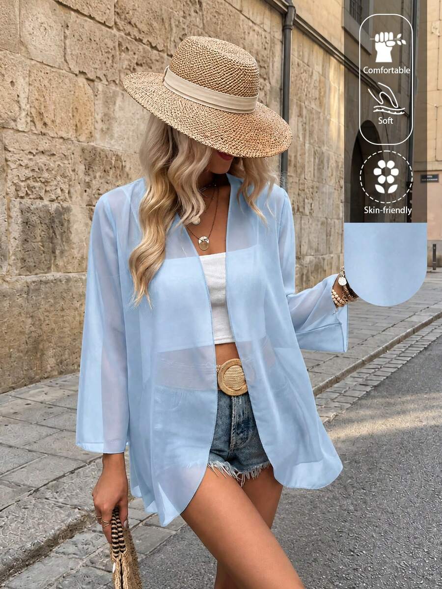 EARO Vacation Casual Solid Color Flare Sleeve Sheer Lightweight Jacket - Blue - View 1